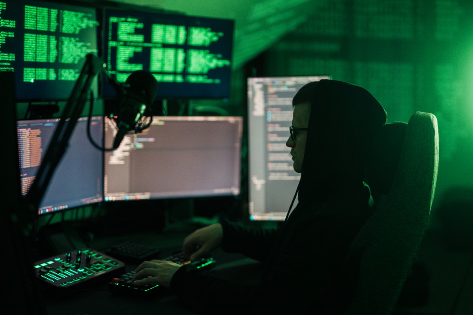 An analyst in a hooded jacket at a wall of monitors lit green in a dark room.